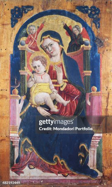 Italy, Lombardy, Campodolcino, Parrish Church. Whole artwork view. Enthroned Madonna with Child n her laps, and two little angels in a arched painted...