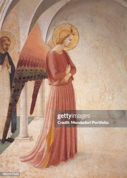 Italy, Tuscany, Florence, Saint Mark Museum, Cloister. Detail. Archangel Gabriel with St. Dominic in the background who attends the scene in prayer.