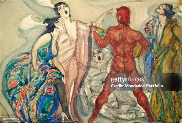 Italy, Emilia Romagna, Cento, Civic Gallery of Modern Art. Whole artwork view. Half-undressed women singing in a volgar way while a man dressed as a...