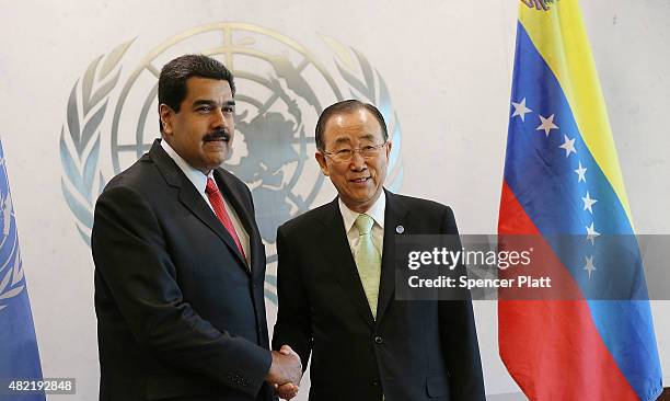 Venezuelan President Nicolas Maduro meets with UN chief Ban Ki-moon at the United Nations headquarters in New York on July 28, 2015 in New York City....