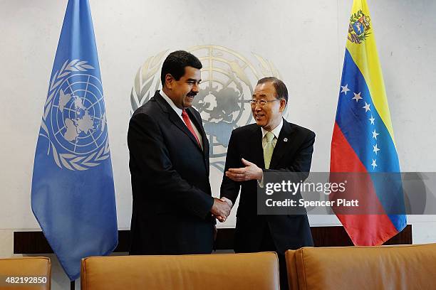 Venezuelan President Nicolas Maduro meets with UN chief Ban Ki-moon at the United Nations headquarters in New York on July 28, 2015 in New York City....