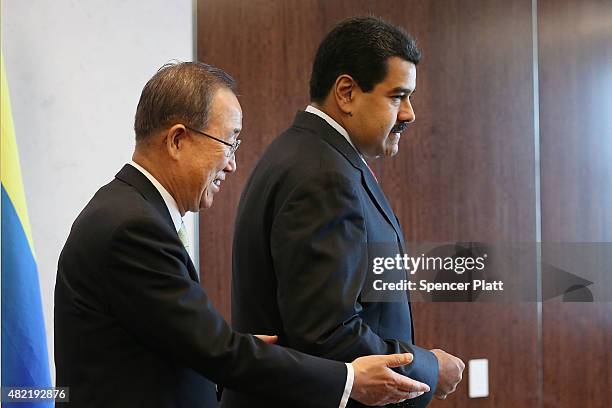 Venezuelan President Nicolas Maduro meets with UN chief Ban Ki-moon at the United Nations headquarters in New York on July 28, 2015 in New York City....