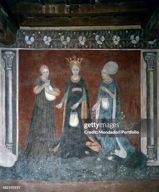 Italy, Lombardy, Varese, Masnago, Castiglioni Mantegazza Castel. Whole artwork view. Three female allegorical figures stand, among two little painted...