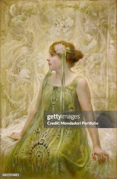 Private collection. Whole artwork view. A young girl sits in profile elegantly dressed in green clothes with ribbons in her hair.