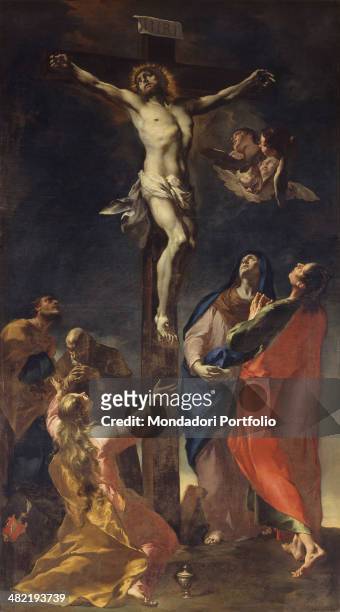 Italy, Lombardy, Bergamo, Church of Saint Catherine. Whole artwork view. Crucified Christ with angels weeping under the cross, Mary Magdalene, Mary,...