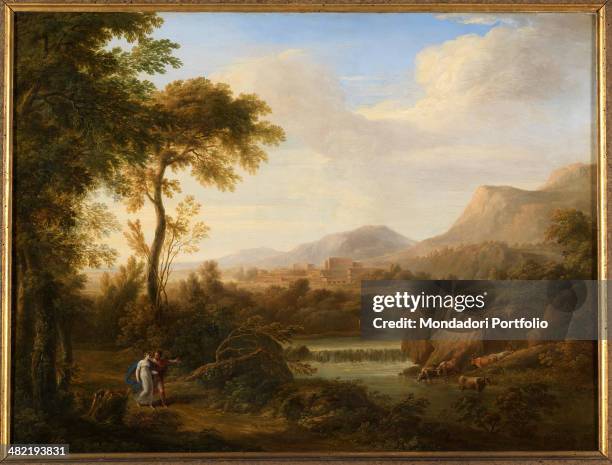 Italy, Lombardy, Milan, Brera Collection. Whole artwork view. River landscape with herds and two little figures on the left.