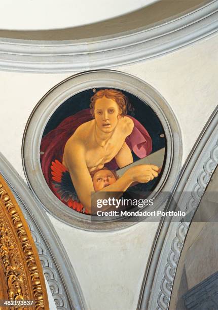 Italy, Tuscany, Florence, Church of Saint Felicita. Whole artwork view. Half-lengh portrait of a young with bare chest over a wnged putto in a round...