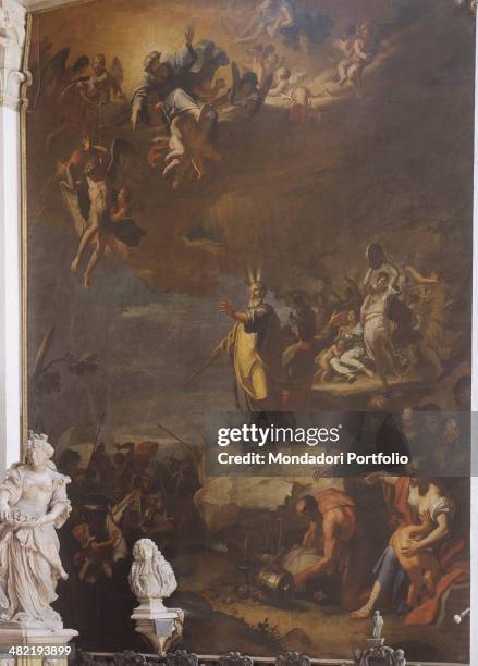 Italy, Veneto, Venice, Church of Saint Moisé. Whole artwork view. Moses separates the waters of the sea with a stick as Israelites watch.