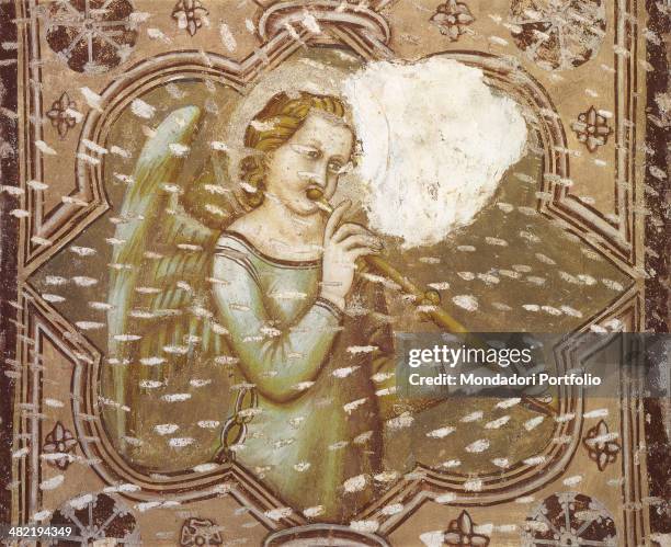 Italy, Friuli Venezia Giulia, Feltre, Anzù, Sanctuary of Saints Vittore and Corona. Whole artwork view. An angel seen in three quarters plays s tuba...
