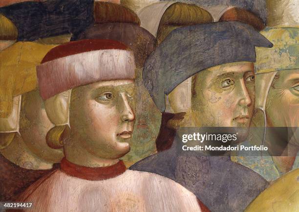 Italy, Umbria, Assisi, Papal Basilica of San Francesco, Upper Church. Detail. Two little boys following Pietro di Bernardone. Fresco pre-earthquake .