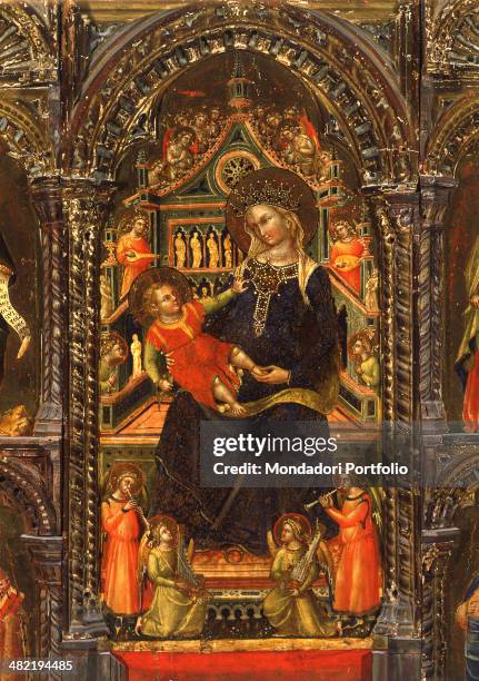 Italy, Lombardy, Milan, Brera Collection. Whole artwork view. Central compartment of the altarpiece of the Madonna and Child enthroned in an arch...