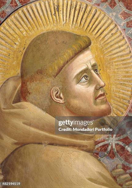 Italy, Umbria, Assisi, Papal Basilica of San Francesco, Upper Church. Detail. Detail of Saint Francis' face before the earthquake in 1997.