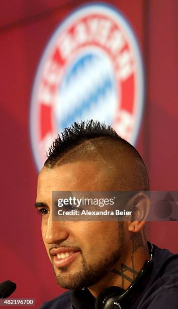 New Fc Bayern Muenchen midfielder Arturo Vidal attends a news conference on July 28, 2015 in Munich, Germany. FC Bayern Muenchen announced the...