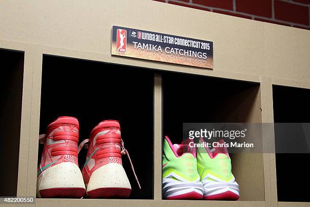 The sneakers of Tamika Catchings of the Eastern Conference All Stars in the locker room prior to the game against the Western Conference All Stars...