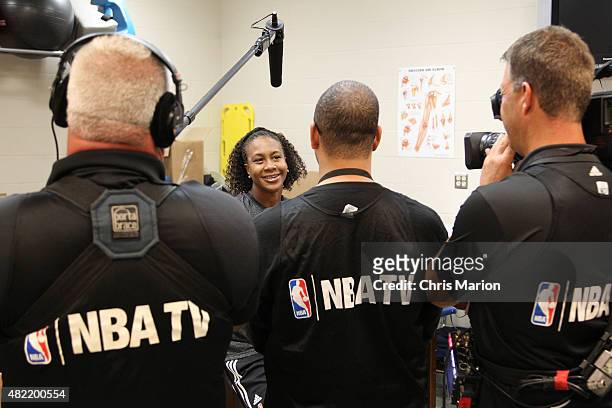 Tamika Catchings of the Eastern Conference All Stars talks to the media prior to the game against the Western Conference All Stars during the Boost...