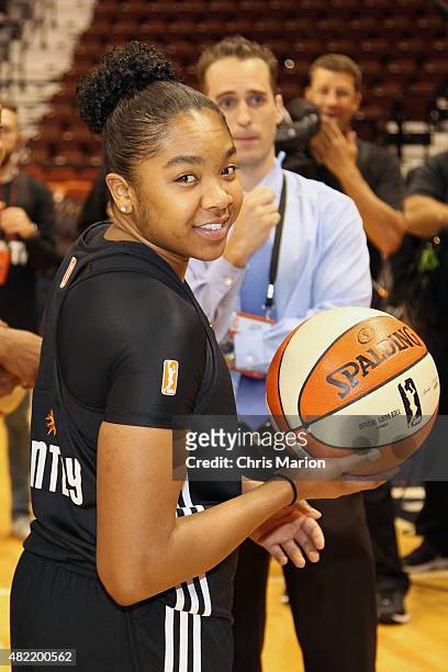 Alex Bentley of the Eastern Conference All Stars smiles for the camera before the Boost Mobile WNBA All-Star 2015 Game at the Mohegan Sun Arena on...