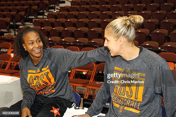 Tamika Catchings and Elena Delle Donne of the Eastern Conference All Stars talk prior to the Boost Mobile WNBA All-Star 2015 Game at the Mohegan Sun...