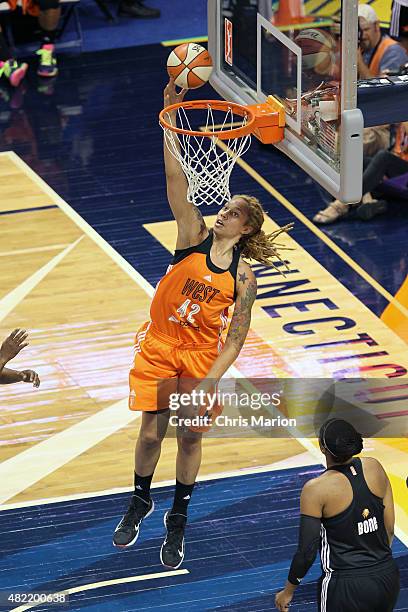 Brittney Griner of the Western Conference All Stars takes a layup against the Eastern Conference All Stars during the Boost Mobile WNBA All-Star 2015...