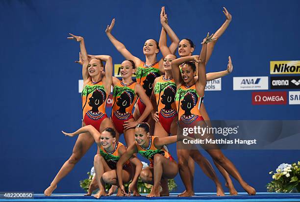 The Switzerland team compete in the Women's Team Free Synchronised Swimming Preliminary on day four of the 16th FINA World Championships at the Kazan...