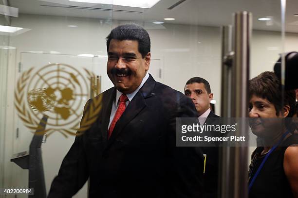 Venezuelan President Nicolas Maduro prepares to speak to the media following a meeting with UN chief Ban Ki-moon at the United Nations headquarters...
