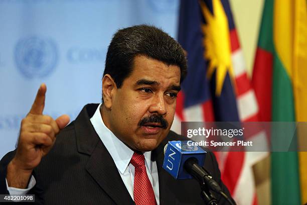 Venezuelan President Nicolas Maduro speaks to the media following a meeting with UN chief Ban Ki-moon at the United Nations headquarters in New York...