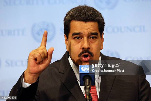 Venezuelan President Nicolas Maduro speaks to the media following a meeting with UN chief Ban Ki-moon at the United Nations headquarters in New York...