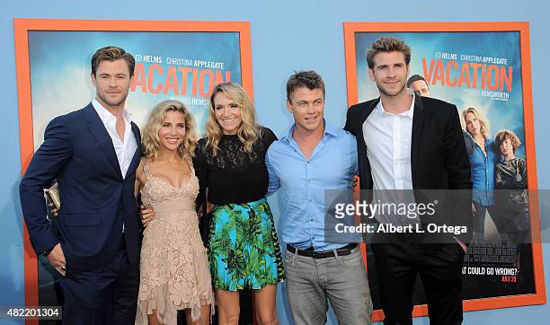 Chris Hemsworth, Elsa Pataky, Samantha Hemsworth, Luke Hemsworth and Liam Hemsworth arrive for the Premiere Of Warner Bros. Pictures' "Vacation" held...