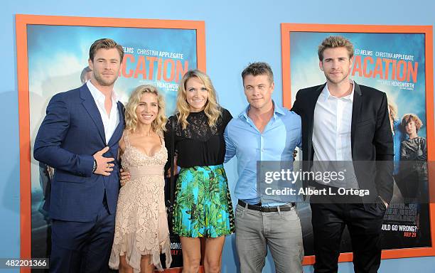 Chris Hemsworth, Elsa Pataky, Samantha Hemsworth, Luke Hemsworth and Liam Hemsworth arrive for the Premiere Of Warner Bros. Pictures' "Vacation" held...