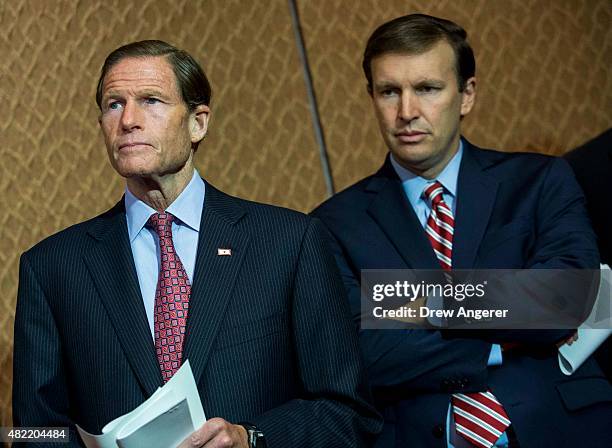 To R, Sen. Richard Blumenthal and Sen. Chris Murphy wait to speak during an event hosted by "Everytown for Gun Safety" and "Moms Demand Action for...