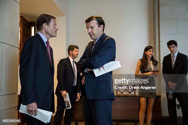 To R, Sen. Richard Blumenthal talks with Sen. Chris Murphy prior to an event hosted by "Everytown for Gun Safety" and "Moms Demand Action for Gun...