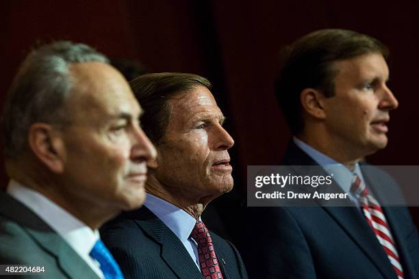 To R, Sen. Chuck Schumer , Sen. Richard Blumenthal and Sen. Chris Murphy take questions from the press during an event hosted by "Everytown for Gun...