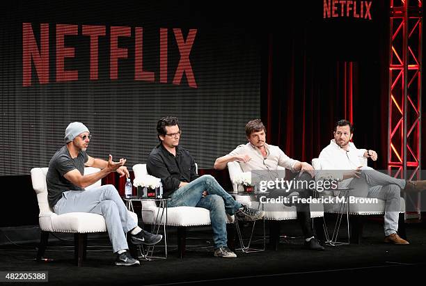 Executive producer Jose Padilha, actors Wagner Moura, Pedro Pascal and executive producer Eric Newman speak onstage during the "Narcos" panel...