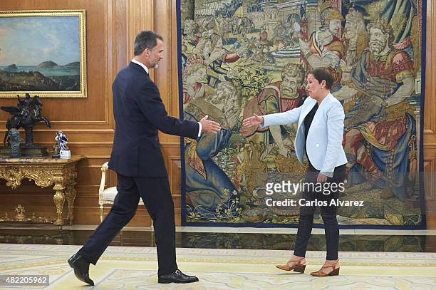 King Felipe VI of Spain receives Navarre regional President Uxue Barkos at the Zarzuela Palace on July 28, 2015 in Madrid, Spain.