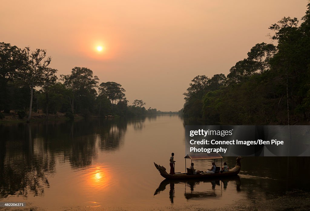 Sunset over moat, Angkor Thom, Angkor, Siem Reap, Cambodia