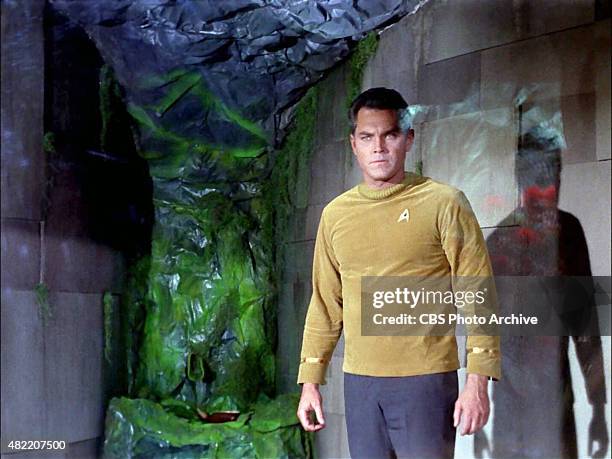 Jeffrey Hunter as Captain Christopher Pike in an underground cell on the planet Talos IV in the STAR TREK: The Original Series episode, "The Cage."...