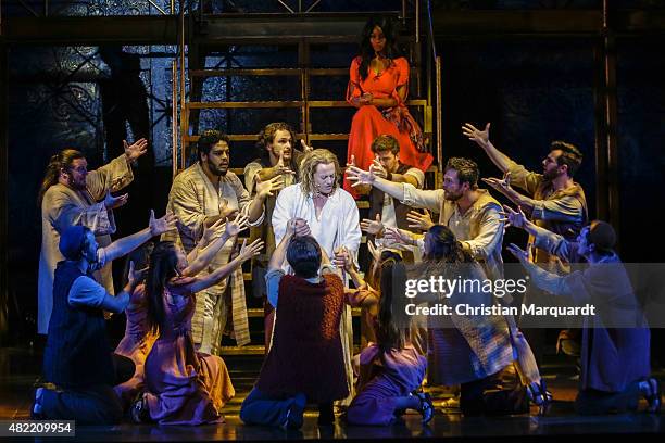 Group performance with main actor Glenn Carter during a rehearsal for the Jesus Christ Superstar Musical Press Call at Deutsche Oper Berlin on July...
