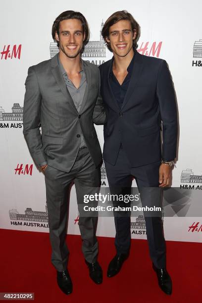Models Jordan Stenmark and Zac Stenmark attend the VIP launch party for H&M Australia at the GPO on April 3, 2014 in Melbourne, Australia.