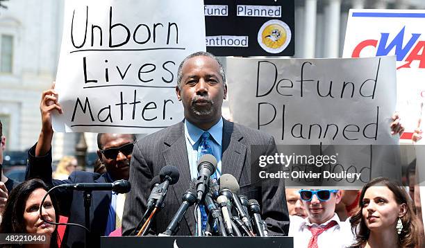 Republican presidential candidate Dr. Ben Carson speaks at a anti-abortion rally opposing federal funding for Planned Parenthood in front of the U.S....