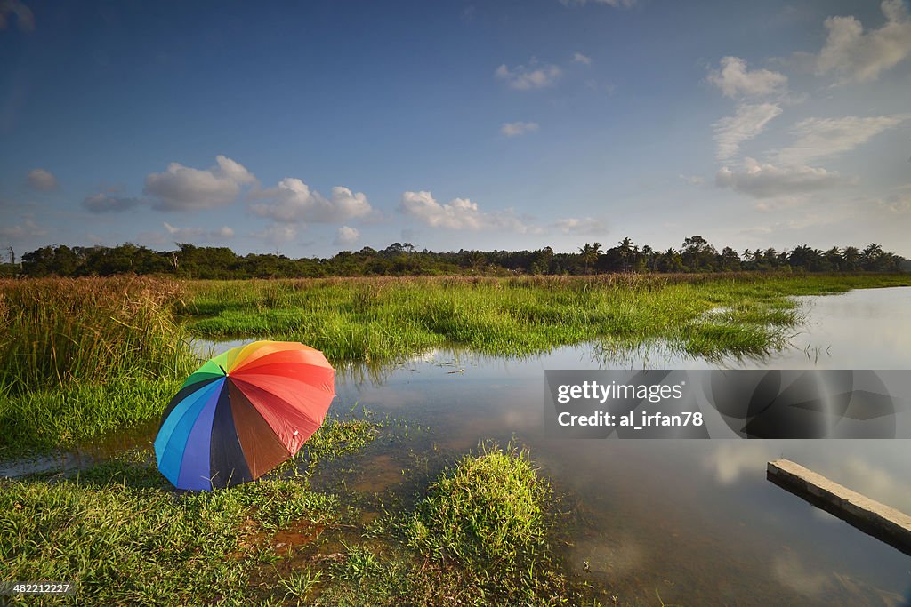 Malaysia, Kuantan, umbrella on sunny day near river