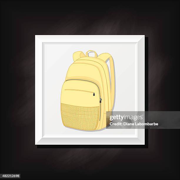 yellow backpack on a square blackboard icon - 3d rucksack stock illustrations