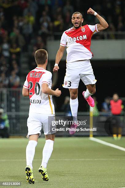 Layvin Kurzawa of AS Monaco celebrates after scoring his team's opening goal during the UEFA Champions League third qualifying round 1st leg match...