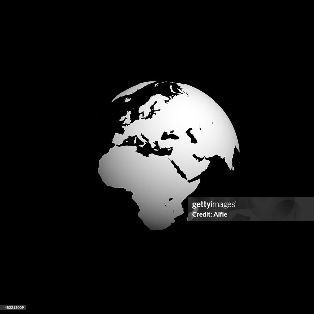 Digitally generated image of planet earth, Black and white globe