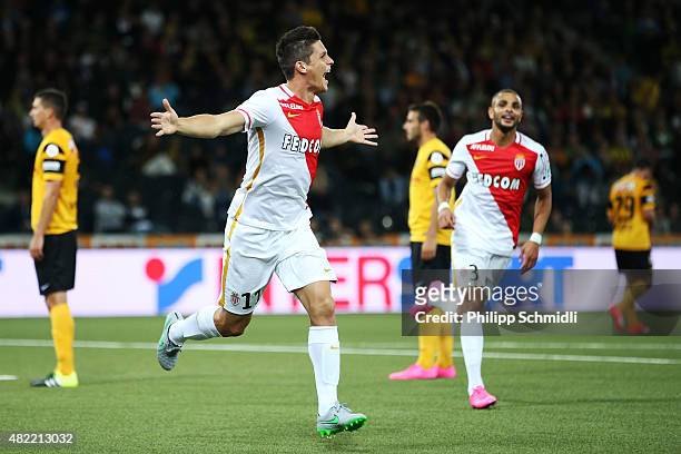 Guido Carrillo of AS Monaco celebrates after scoring his team's second goal during the UEFA Champions League third qualifying round 1st leg match...