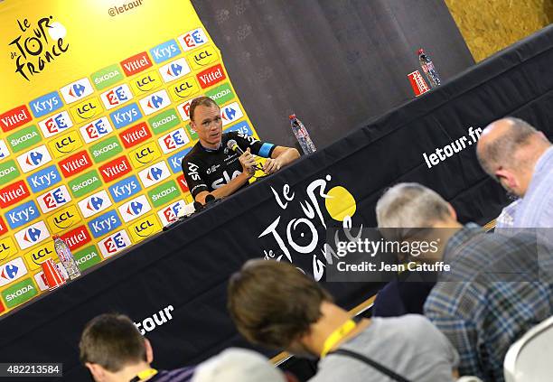 Chris Froome of Great Britain and Team Sky answers to the media during a press conference following stage twentieth of the 2015 Tour de France, a...