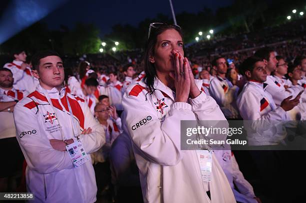 Members of the British national team attend the official opening ceremony of the European Maccabi Games at the Waldbuehne on July 28, 2015 in Berlin,...