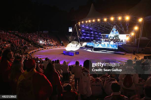 Guests and athletes attend the official opening ceremony of the European Maccabi Games at the Waldbuehne on July 28, 2015 in Berlin, Germany. Over...