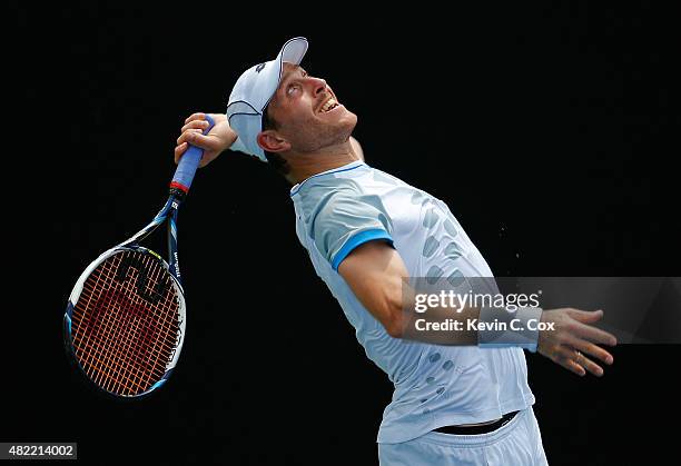 Michael Berrer of Germany serves to Benjamin Becker of Germany during the BB&T Atlanta Open at Atlantic Station on July 28, 2015 in Atlanta, Georgia.