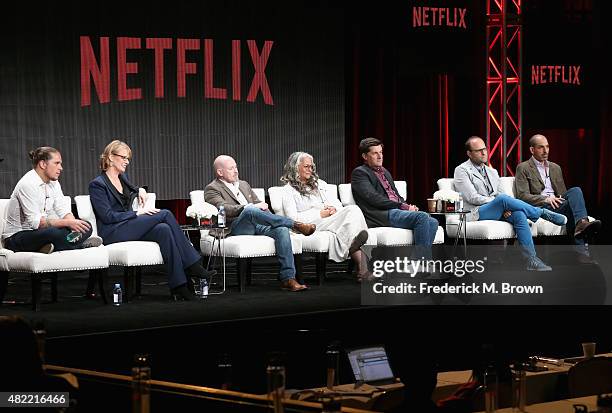 Showrunners Gaz Alazraki, Melissa Rosenberg, Steven DeKnight, Marta Kauffman, Michael Showalter, Raphael Bob-Waksberg and Glenn Kessler speak onstage...