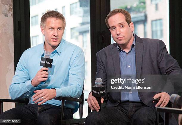 Oscar-winning filmmaker Daniel Junge and Oscar-nominated filmmaker Kief Davidson attend AOL Build Presents: "A LEGO Brickumentary" at AOL Studios In...