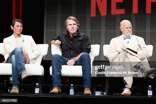 Actors Lou Diamond Phillips, Robert Taylor and Gerald McRaney speak onstage during the "Longmire" panel discussion at the Netflix portion of the 2015...